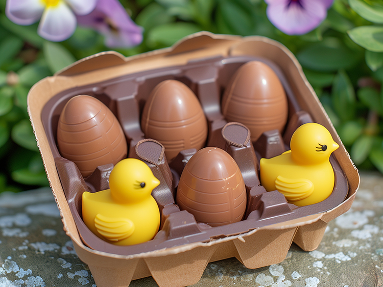 Huevos de chocolate en caja de cartón con pollitos de juguete