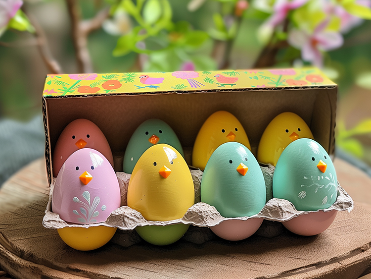 Huevos de pascua decorados en caja de cartón